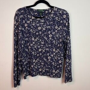 Lauren Ralph Lauren Womens Blue Floral 100% Cotton Long Sleeve Tee Large Classic